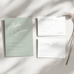 Sage Green Hochzeitseinladung Vorlagenset, Sage Digital Invite Paket Download, einfache, einfach grün bearbeitbare Einladungsvorlage, Digital