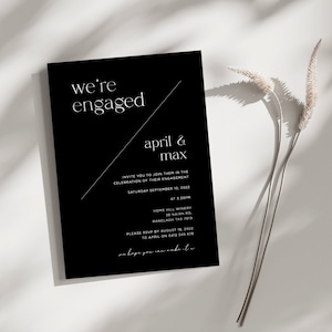 Minimale Verlobung Einladung druckbare Karte, schwarz elegant wir sind verlobt bearbeitbar einladen, Party Vorlage Download, elektronisch digital Evite