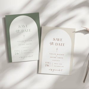 Elegante Save the Date-Vorlage, druckbare Save the Date-Karten, Creme Save The Day Digital Invite, Green Arch Editable Save Our Date Template