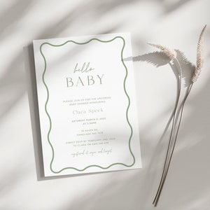 Invito stampabile per baby shower in verde salvia, invito modificabile "Oh Baby" con onda neutra, modello da scaricare per "Wavy Baby Sprinkle", invito digitale "Hello Baby"