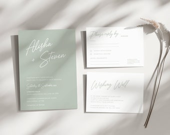 Sage Green Wedding invitation Template Set, Sage Digital Invite Package Download, Simple, Easy Green Editable Invitation Template, Digital