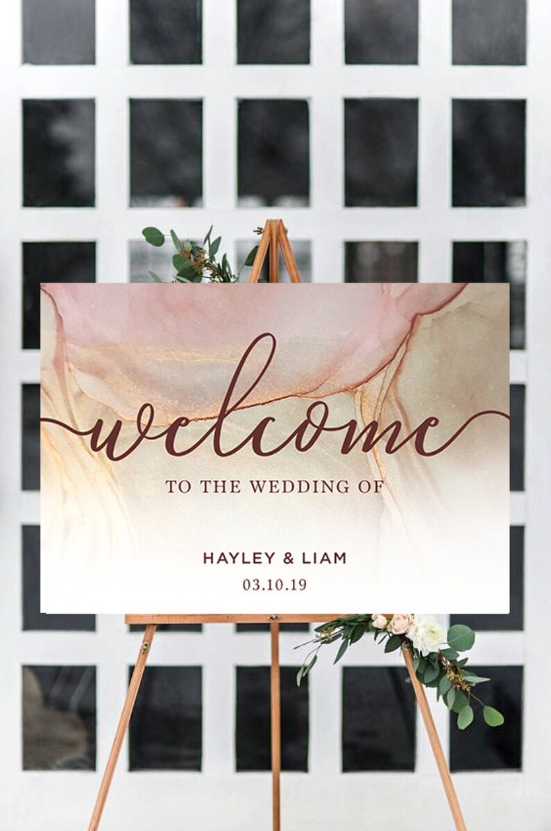 Printable Welcome Poster Welcome Board Downloadable Custom Rose Gold Blush Watercolour Welcome Sign Welcome to our Wedding Sign Peach