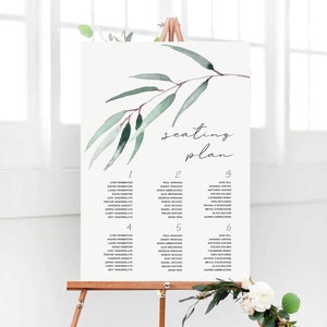Plano de asientos para una boda original, letrero verde salvia, plano de asientos con hojas, plantilla digital de asientos, letrero imprimible