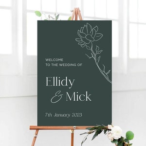 Cartello di benvenuto minimalista per matrimonio verde foresta, modello di cartello di benvenuto per matrimonio, cartello di benvenuto con rose floreali, cartelli per matrimonio, cartello per matrimonio stampabile