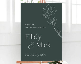 Minimalist Forest Green Wedding Welcome Sign, Welcome Wedding Sign Template, Floral Rose Welcome Sign, Wedding Signs, Printable Wedding Sign