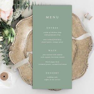 Menú de boda imprimible - Menú de evento - diseño verde, simple, bonito y frondoso - invitación moderna minimalista, descargable, imprimible, personalizada