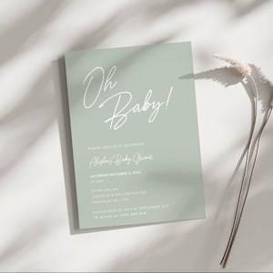 セージグリーンの印刷可能なベビーシャワー招待状、ニュートラルな「Oh Baby」編集可能な招待状、アーシーなベビーシャワーテンプレートのダウンロード、Hello Babyデジタル招待状
