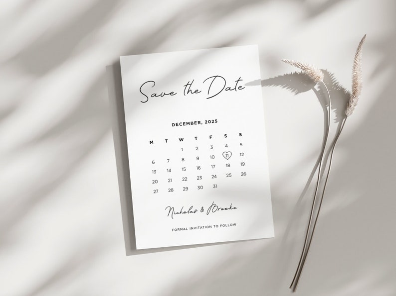 Printable Save The Date, Wedding Save the Dates Digital, downloadable wedding invite. Black and white monochrome modern calendar design. image 1