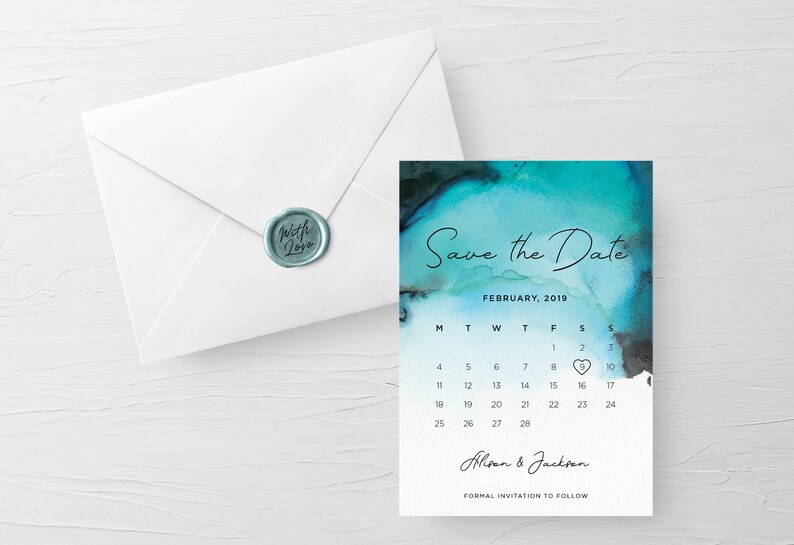 Blue watercolour modern calendar design downloadable wedding invite Wedding Save the Dates Digital Black Printable Save The Date Aqua