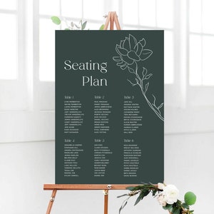 Bloemen lommerrijke zitplaatsen plattegrond, groen bord zitplaatsen, elegante zitplaatsen tabel, digitale zitplaatsen sjabloon, afdrukbaar zitplaatsen bord
