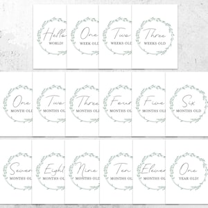 Cartes jalons de bébé, Cartes imprimables, Cartes avec photo, Genre neutre, Jalons, Couronne de verdure, Minimaliste, Imprimable, Cartes du mois