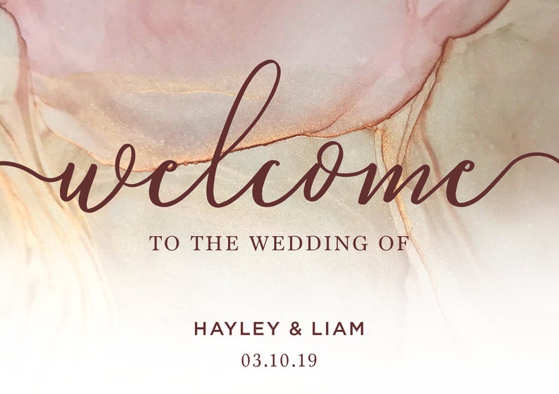 Printable Welcome Poster Welcome Board Downloadable Custom Rose Gold Blush Watercolour Welcome Sign Welcome to our Wedding Sign Peach