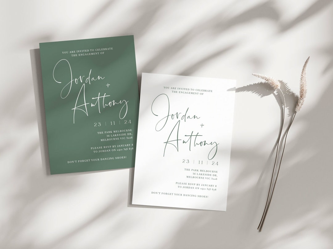Sage Green Engagement Invitation Printable Card, Dark Green Were