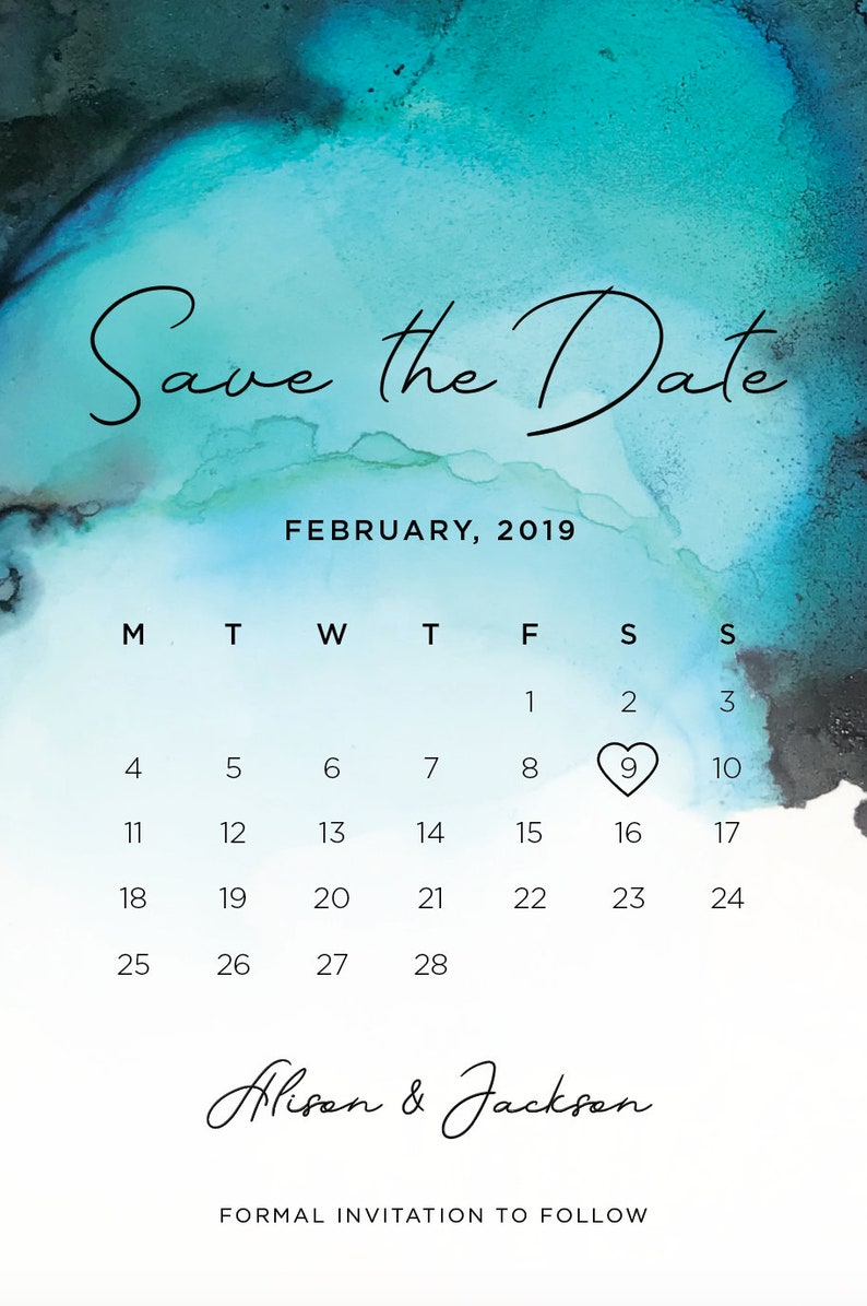 Blue watercolour modern calendar design downloadable wedding invite Wedding Save the Dates Digital Black Printable Save The Date Aqua