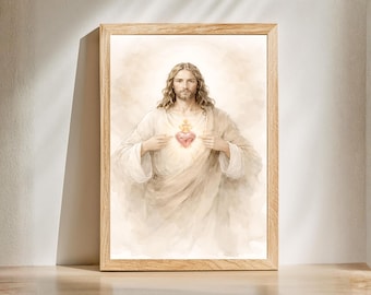 Sacred Heart of Jesus Wall Art | Watercolor Catholic Artwork | Religious Home Decor - Christian Faith Painting - Religious Home Gift