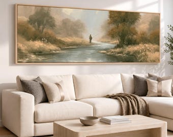 Fishing By the River - Mountain Home Artwork | Rustic Lake House Wall Decor - Panoramic Wide Wall Art in Neutral Tones