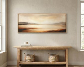 Large Panoramic Wall Art of a Warm Neutral Landscape - Wide Framed Canvas Artwork | Abstract Mountains and Lake Art, Beige and Brown