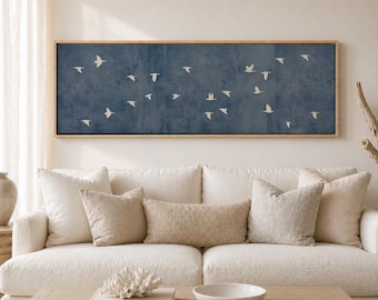 Abstract Flock of Birds Large Wide Panoramic Wall Art, Blue Texture Background - Minimalist Canvas Art, Neutral Modern Coastal Bird Decor