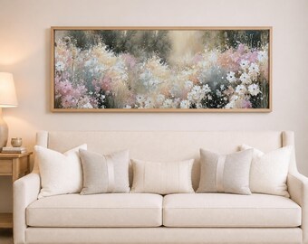 Extra Wide Neutral Floral Wall Art, Wildflower Canvas Print, Panoramic Botanical Texture Print of Garden Landscape, Above Couch Bed Artwork