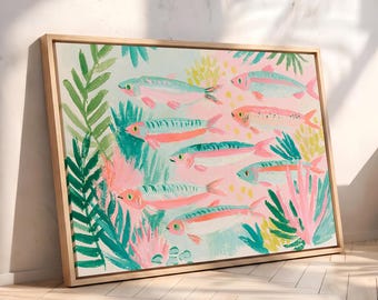 Whimsical Coastal Fish Wall Art, Sardine Artwork | Colorful Tropical Artwork for Beach Home, Oil Painting Aesthetic Print