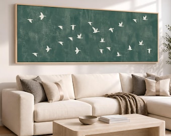 Abstract Bird Wall Art, Extra Wide Wall Artwork | Minimalist Bird Murmuration Decor,  Framed Canvas Panoramic Art
