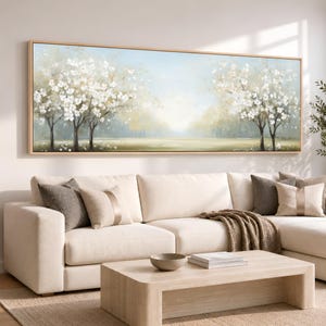 Dogwood Tree Wall Art, Neutral Nature Artwork | Large Wide Art, Spring Landscape, White Blossom Oil Painting Style Canvas Print