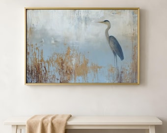 Blue Heron Wall Art, Abstract Marsh Bird Print on Neutral Canvas, Oversized Coastal Lake House Decor, Modern Nature Artwork