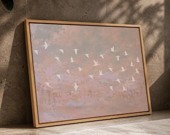Abstract Bird Wall Art , Blush Neutral Landscape Canvas Print | Minimalist Flock Artwork - Modern Living Room Decor - Extra Large Wall Art