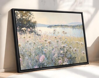 Spring Neutral Botanical Wall Art | Wildflower Meadow Landscape Canvas Print, Soft Pastel Floral Artwork, Extra Large Wall Art