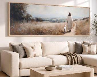 Jesus The Good Shepherd Large Canvas Wall Art | Psalm 23 Christian Landscape  Artwork | Vintage Oil Style Print | Extra Wide Neutral Art
