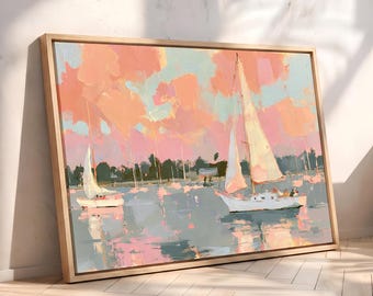 Abstract Coastal Sailboat Wall Art, Colorful Beach Home Art | Harbor at Sunset Artwork with Boats, Large Canvas Art for Beach House