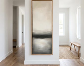 Narrow Long Wall Art | Neutral Lake Landscape Canvas , Abstract Mountain Reflection Artwork, Beige and Grey Toned Serene Decor