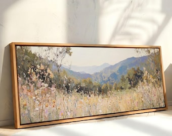 Large Panoramic Wall Art, Landscape Artwork | Neutral Art with Wildflowers and Countryside, Horizontal Nature Decor, Neutral Art on Canvas