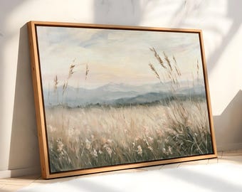 Montana Landscape Wall Art, Neutral Rustic Nature Home Decor | Large Wide Horizontal Art Canvas Print, Grass Floral Meadow Mountain Artwork