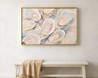 Framed Canvas Coastal Wall Art, Oyster Shell Wall Art, Coastal Oyster Painting, Abstract Shells for Beach House Decor, Extra Large Artwork