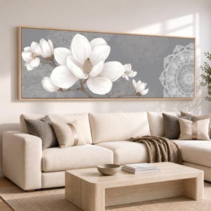 Cuadro de flores de magnolia, obra de arte botánica mandala / Cuadro grande y ancho, decoración floral gris y crema, decoración de pared floral en lienzo neutro