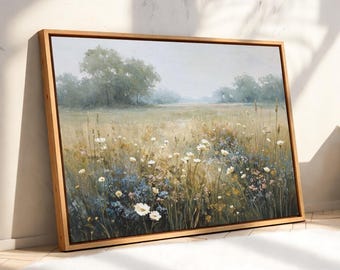 Framed Canvas Landscape, Wildflower Wall Art Field Painting, Neutral Modern Farmhouse Decor, Oil Painting Print of Floral Nature Artwork