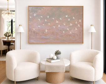 Art mural abstrait d'oiseau, impression sur toile de paysage neutre Blush | Oeuvre d'art minimaliste troupeau - décoration de salon moderne - très grande oeuvre d'art murale