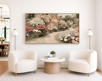 Cottage Garden Wall Art, English Garden Landscape Print, Romantic Floral Painting, Shabby Chic Decor Textured Appearance Art Neutral Warms