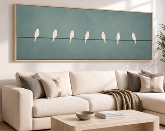 Minimalist Bird Wall Art, Abstract Living Room Artwork | Framed Canvas Print, Elegant Birds on Blue Green Background, Modern Living Room Art