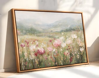 Framed Canvas Floral Wall Art with Neutral Colors, Neutral Farmhouse Art, Wildflower Summer Art, Serene Modern Oil Painting Style Print