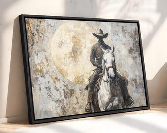 Modern Neutral Western Wall Art - Grey and Beige Cowboy on Horse Canvas Print - Impasto Style Textured Abstract Country Wide Wall Decor