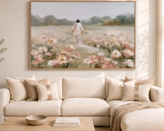 Jesus in Wildflowers Neutral Christian Living Room Art - Impressionist Painting Style Canvas Print | Large Christian Artwork for Living Room