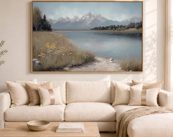 Grand Teton Wyoming Wall Art, Mountain Lake Landscape Artwork | Wildflower Meadow Nature Wall Art, Neutral Rustic Cabin Art