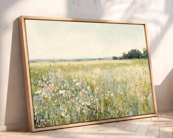 Extra Large Wall Art Wildflower Meadow Canvas Print | Neutral Landscape Wall Decor, Cottagecore Floral Field Artwork, Pastel Country Art