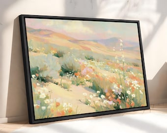 California Desert Wall Art, Framed Canvas Wildflower Artwork | Abstract Oil Painting Style Print, Pastel California Mountains Art
