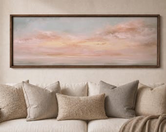 Soft Pink Sunset Canvas Art, Abstract Blush Pastel Sky - Framed Canvas Wall Art in Floating Frame - Panoramic Wall Art