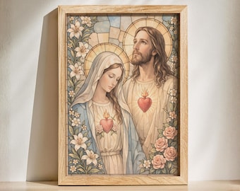 Stained Glass Mary and Jesus Sacred Heart Wall Art, Catholic Print, Immaculate & Sacred Heart Artwork, Christian Wall Decor