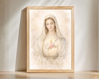 Immaculate Heart of Mary Wall Art Print, Catholic Marian Artwork, Watercolor Virgin Mary Art, Christian Home Decor, Religious Wall Art