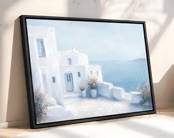 Santorini Coastal Wall Art, Mediterranean Ocean in the Summer Canvas Print | Greek Island Artwork, Textured Abstract Greece Art